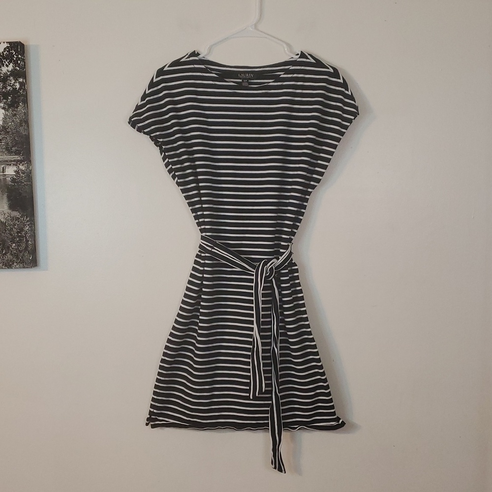 Lauren Ralph Lauren Striped Cotton Shirt Dress Size Small Belted Black White - Picture 2 of 10